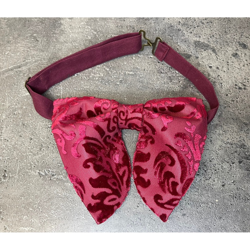 Vintage Burgundy Velvet Damask Burnout Floppy Bow Tie Adjustable Formal Neckwear